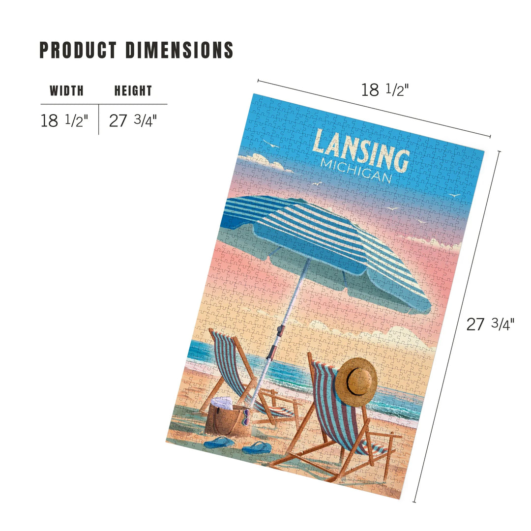 Lansing, Michigan, Lithograph, Beach Chair and Umbrella, 1000 Piece Jigsaw Puzzle
