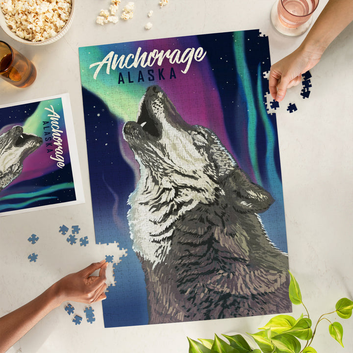 Anchorage, Alaska, Wolf and Northern Lights, Jigsaw Puzzle