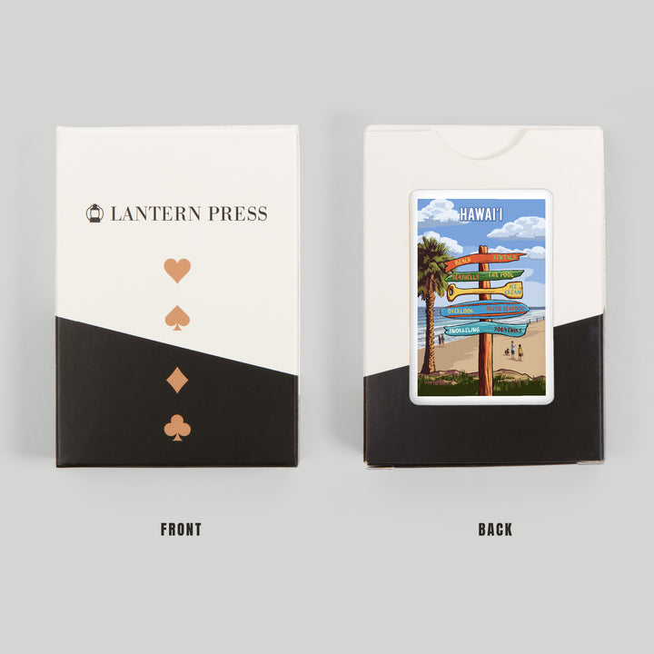 Playing Cards, Hawaii, Signpost, Coast Beach with Palms, 52 Card Deck with Jokers in Box, Unique Art