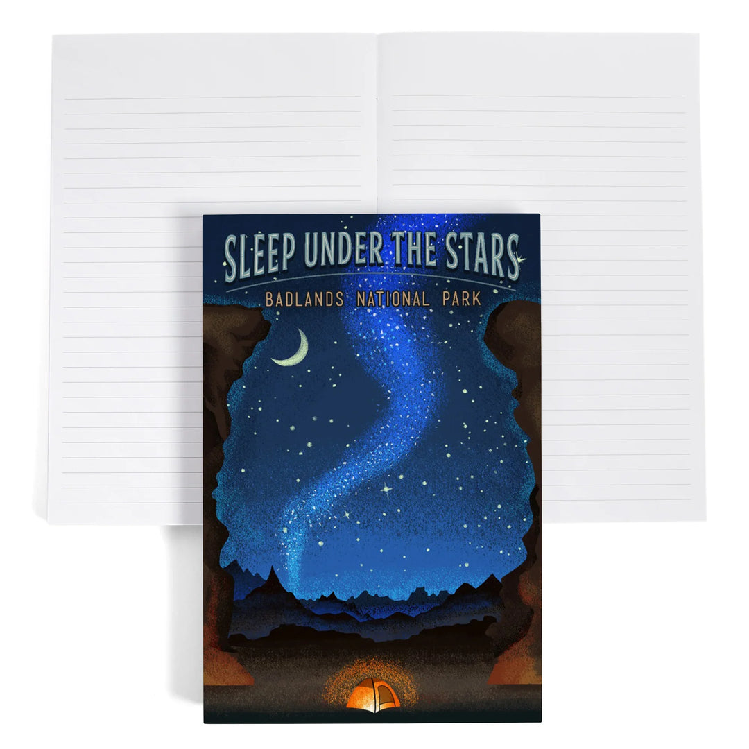 Lined 6x9 Journal, Badlands National Park, South Dakota, Sleep Under the Stars, Tent and Night Sky, Lay Flat, 193 Pages, FSC paper