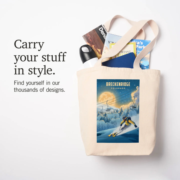 Breckenridge, Colorado, Night Ski, Lithograph, Tote Bag