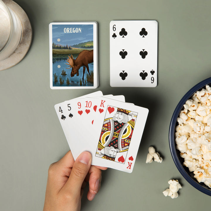 Playing Cards, Oregon, Lithograph, Reflection Pond and Bull Moose, 52 Card Deck with Jokers in Box, Unique Art