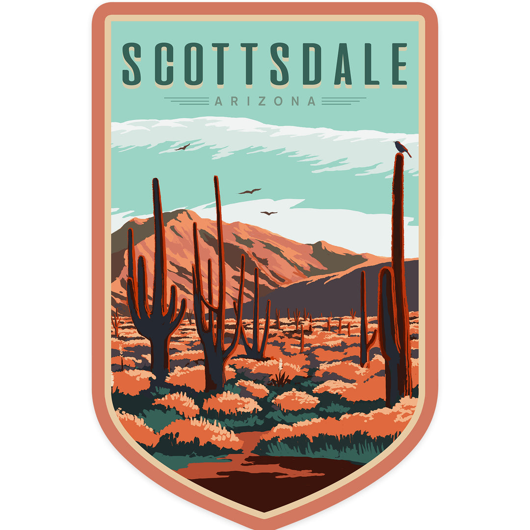 Scottsdale, Arizona, Desert Scene with Cactus, Vinyl Sticker