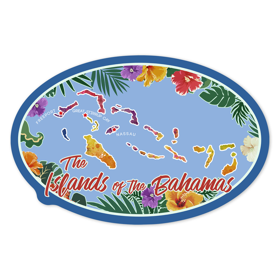 Bahamas, Tropical Palm Fronds Wreath and Islands, Contour, Vinyl Sticker