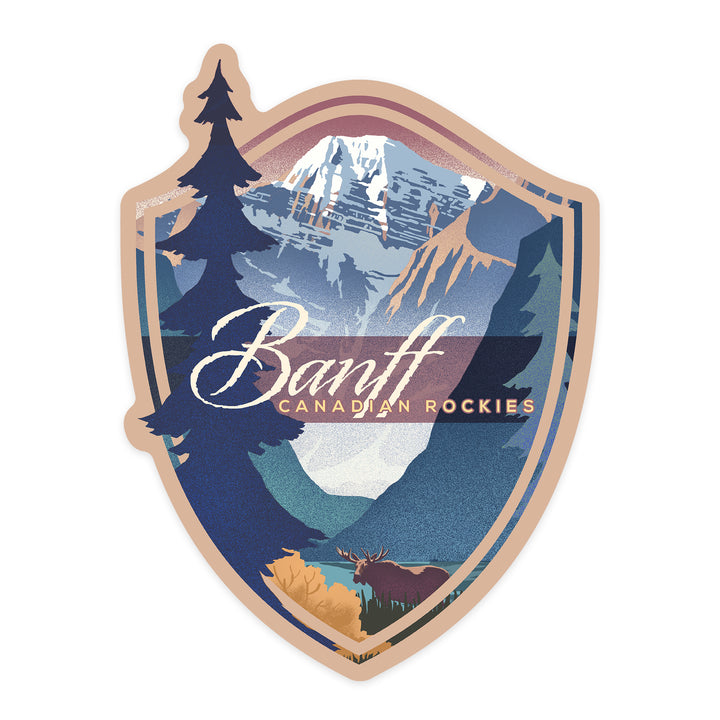 Banff, Canada, Canadian Rockies, Mountain Scene, Lithograph, Contour, Vinyl Sticker