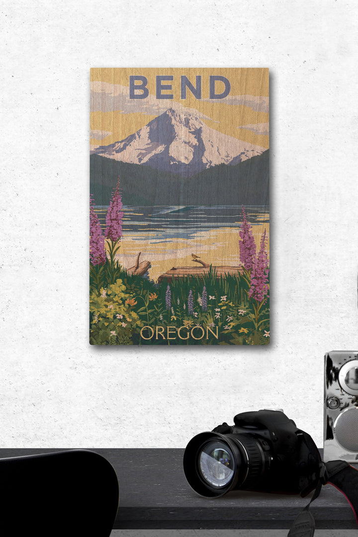 Bend, Oregon, Mountain & Lake Scene, Lantern Press Artwork, Wood Signs and Postcards