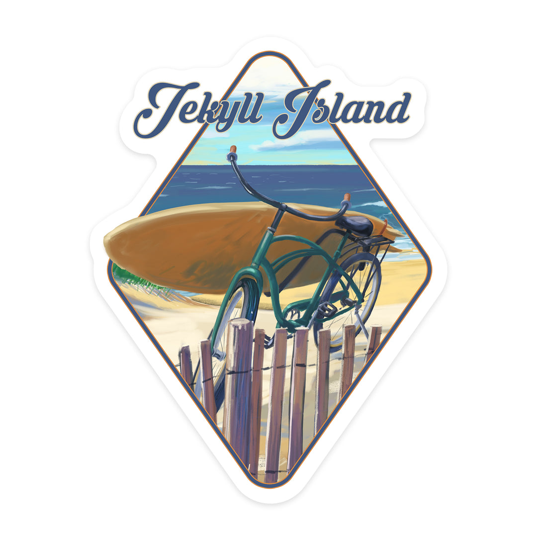 Jekyll Island, Beach Cruiser on Beach, Contour, Vinyl Sticker