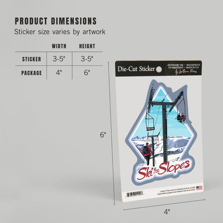 Ski the Slopes, Ski Lift Day Scene, Contour, Lantern Press Artwork, Vinyl Sticker