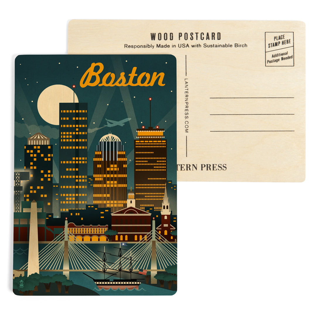 Boston, Massachusetts, Retro Skyline, Wood Sign and Postcards