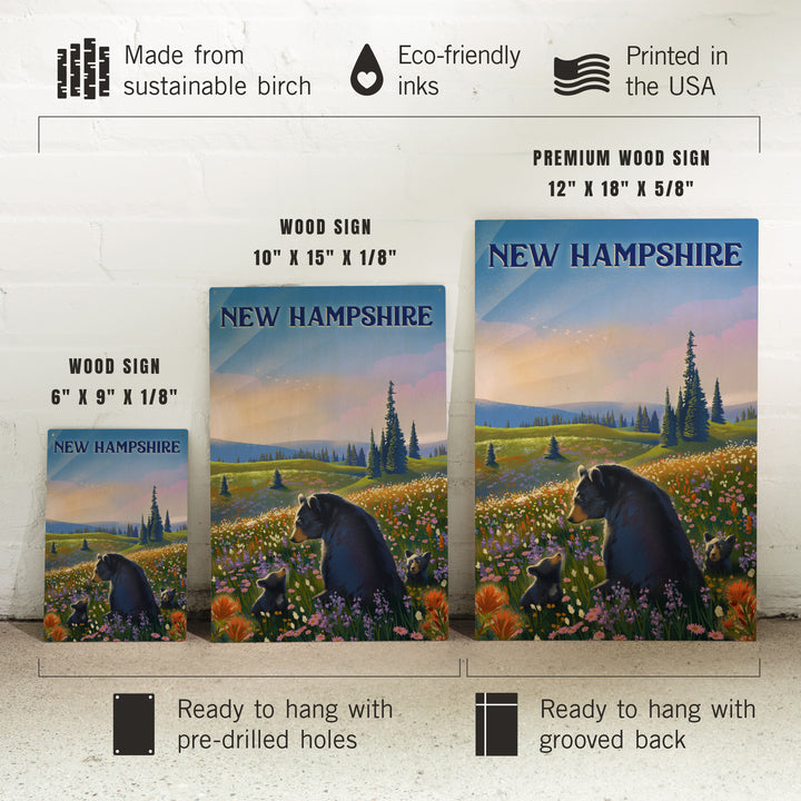 New Hampshire, Lithograph, Bear Family in Field, Wood Signs and Postcards