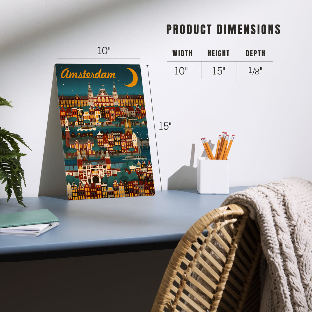 Amsterdam, Retro Skyline, Wood Sign and Postcards