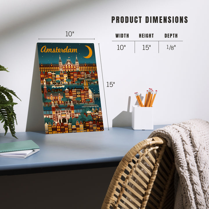 Amsterdam, Retro Skyline, Wood Sign and Postcards