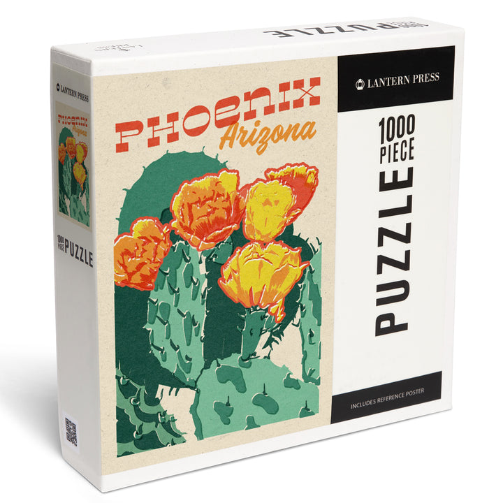 Phoenix, Arizona, Woodblock City Series, Cactus Blooms, 1000 Piece Jigsaw Puzzle