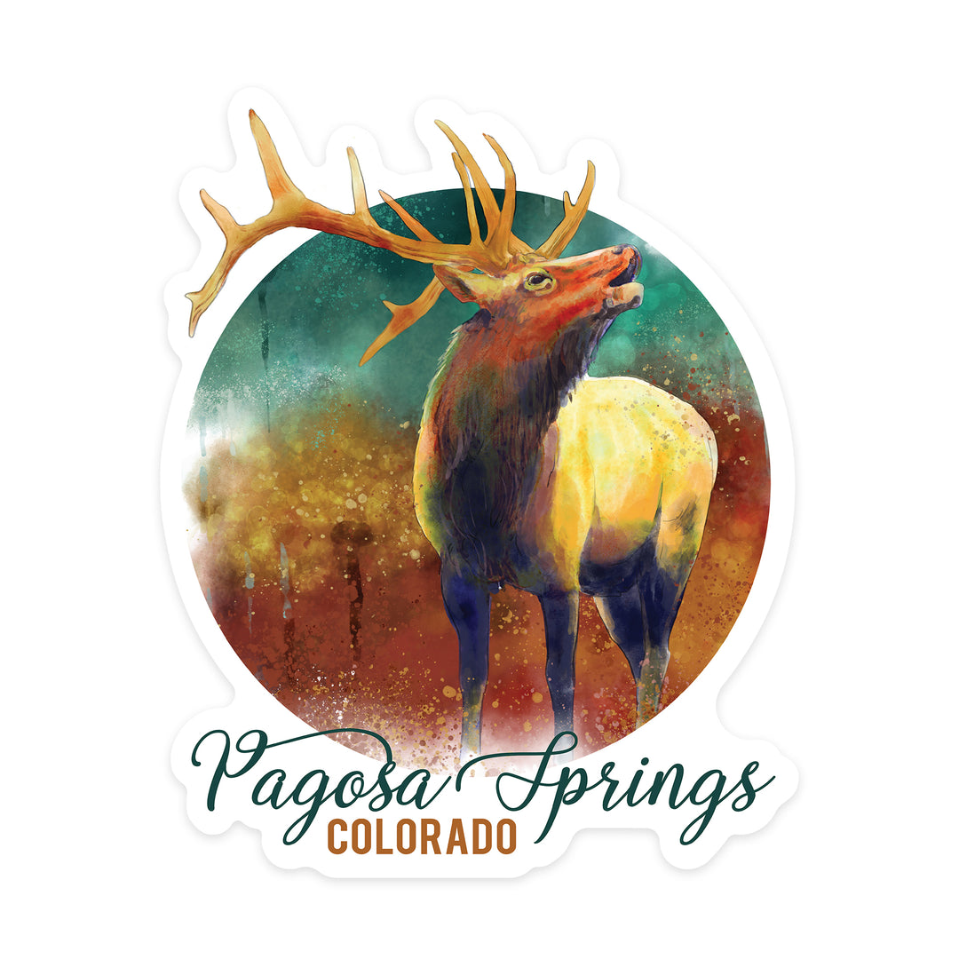 Pagosa Springs, Colorado, Elk, Watercolor, Contour, Lantern Press Artwork, Vinyl Sticker