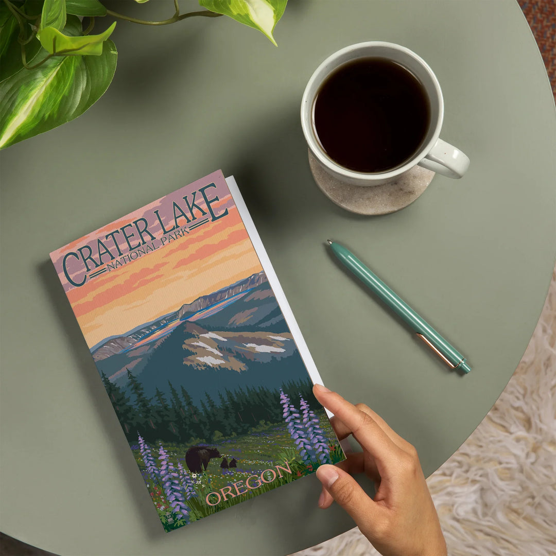 Lined 6x9 Journal, Crater Lake National Park, Oregon, Spring Flowers and Bear Family, Lay Flat, 193 Pages, FSC paper