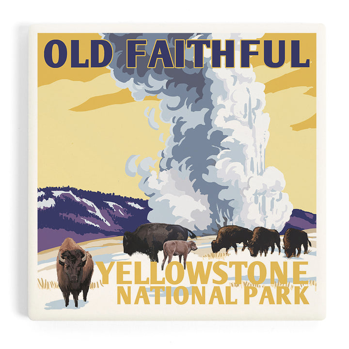 Yellowstone National Park, Wyoming, Old Faithful Geyser, WPA Style, Coasters