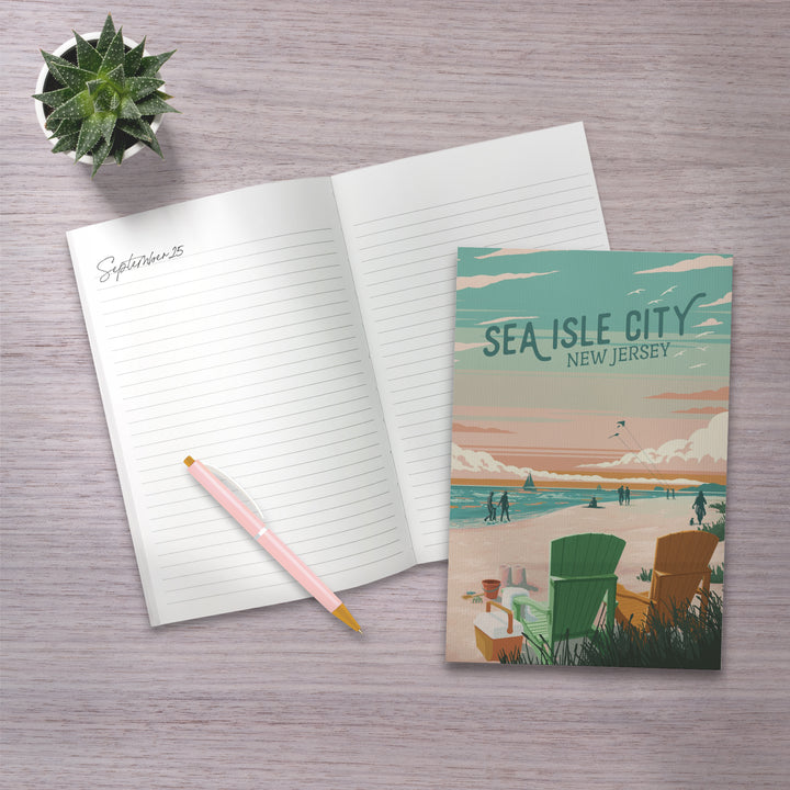Lined 6x9 Journal, Sea Isle City, New Jersey, Painterly, Bottle This Moment, Beach Chairs, Lay Flat, 193 Pages, FSC paper