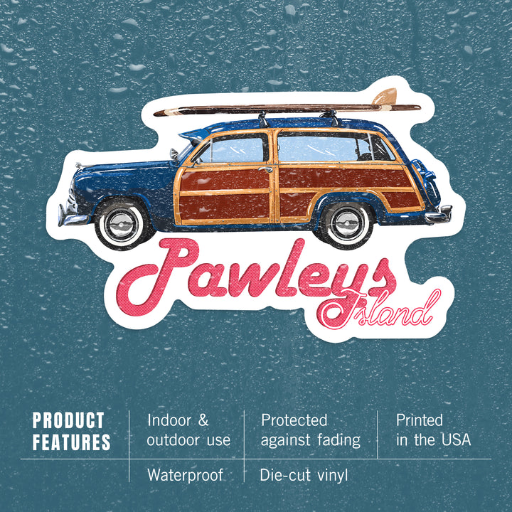 Pawleys Island, Retro Woody & Surfboard, Contour, Lantern Press Artwork, Vinyl Sticker