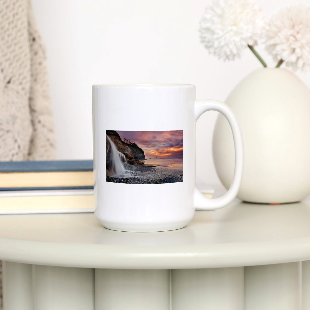 Hug Point, Oregon, Sunset, Waterfall, Lantern Press Photography, Ceramic Mug