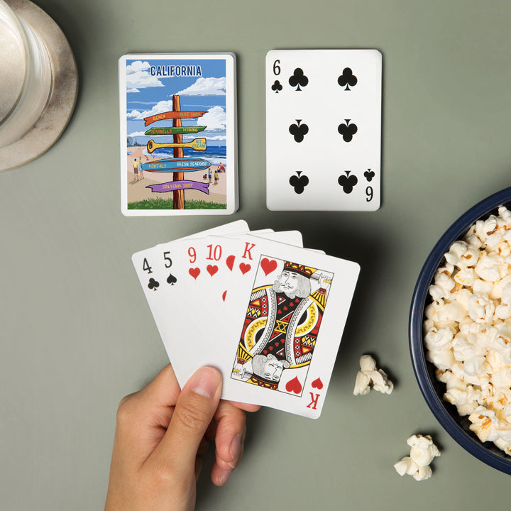 Playing Cards, California, Signpost, Coast Beach with Pier, 52 Card Deck with Jokers in Box, Unique Art
