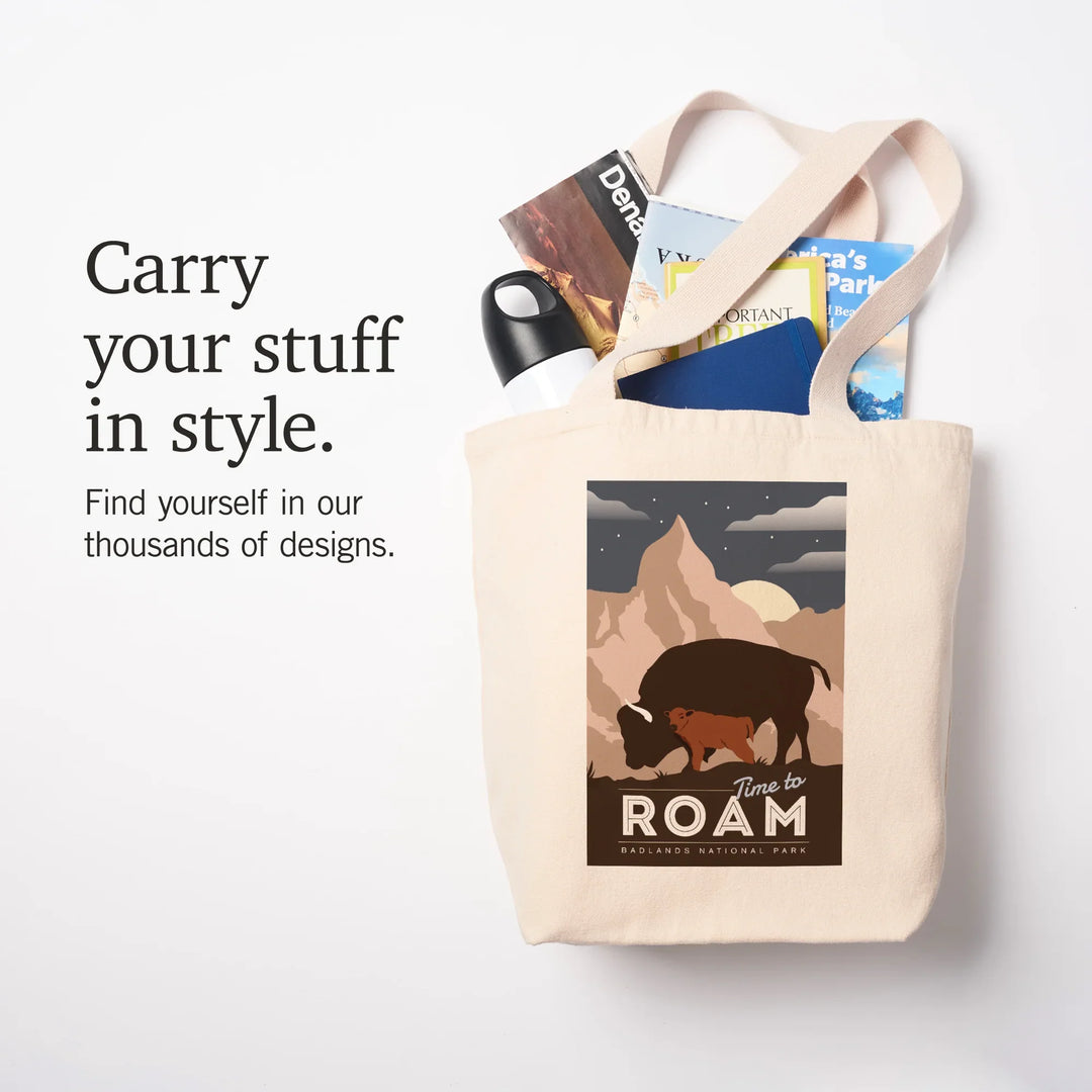 Badlands National Park, South Dakota, Time To Roam, Bison and Calf, Night Scene, Tote Bag