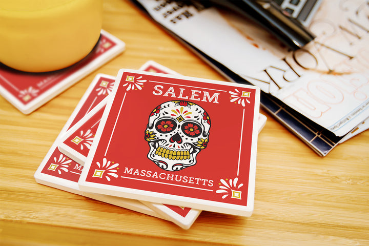 Salem, Massachusetts, Day of the Dead, Sugar Skull and Flower Pattern, Coaster Set