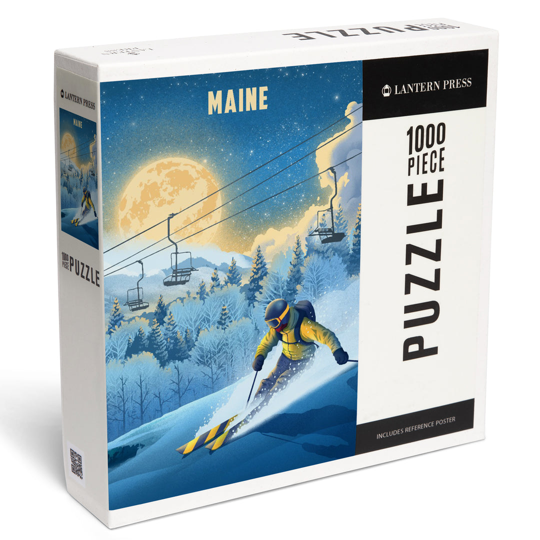 Maine, Lithograph, Night Ski, 1000 Piece Jigsaw Puzzle