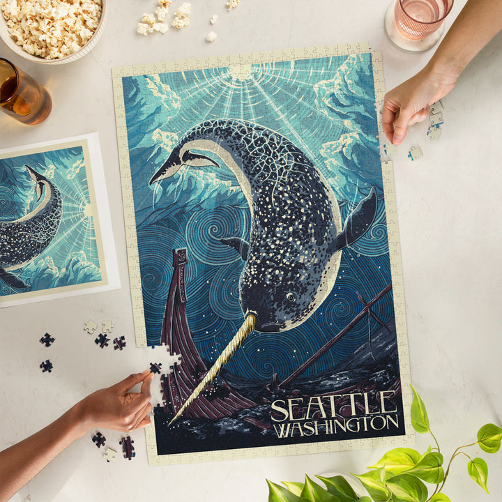 Seattle, Washington, Narwhal Letterpress, Jigsaw Puzzle