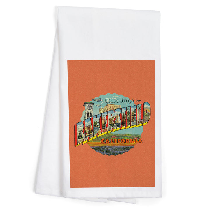 Bakersfield, California, Greetings, Vintage Halftone, Contour, Artwork, Organic Cotton Kitchen Tea Towels