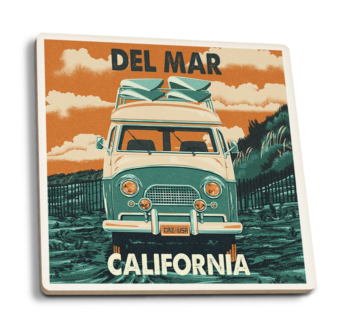 Del Mar, California, Letterpress, Camper Van, Beach, Coaster Set
