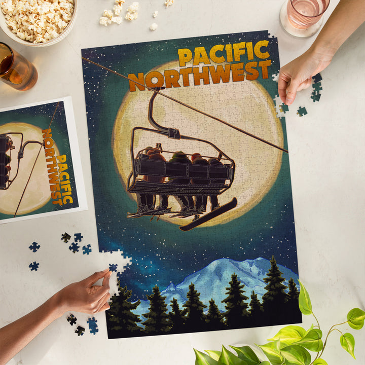 PNW, Ski Lift and Full Moon with Snowboarder, 1000 Piece Jigsaw Puzzle