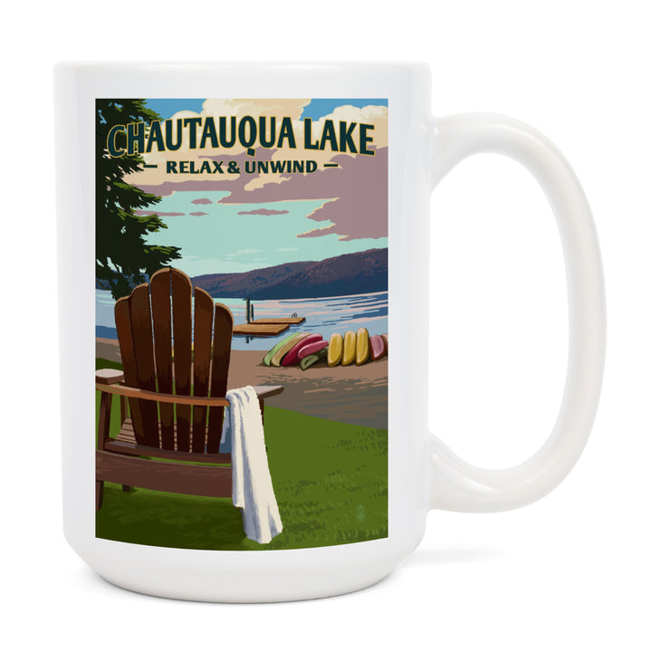 Chautauqua Lake, New York, Lake & Adirondack Chair, Lantern Press Artwork, Ceramic Mug