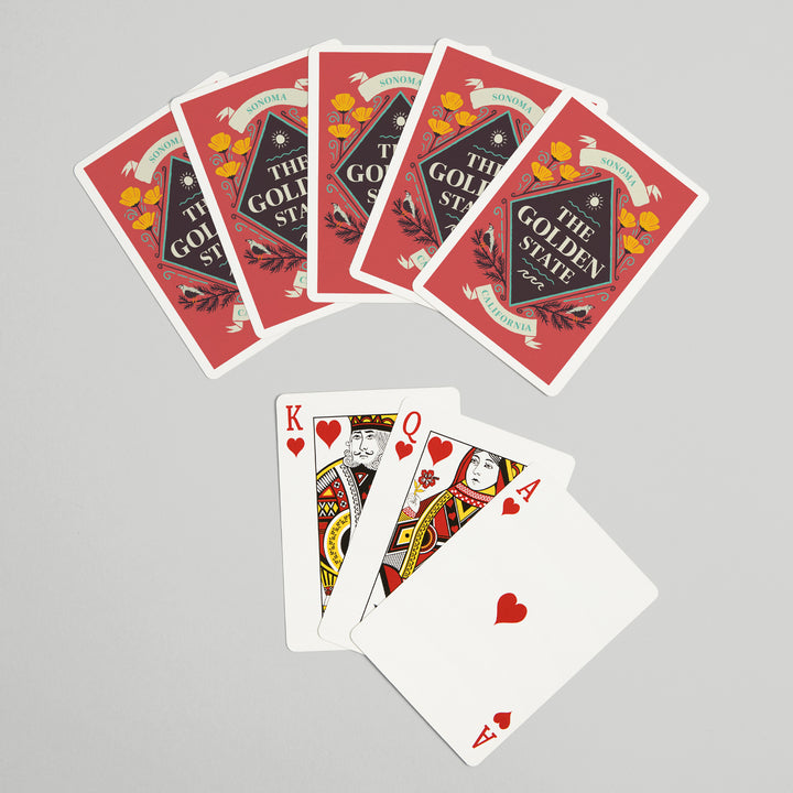Playing Cards, Sonoma, California, State Motto Crest, State Series, 52 Card Deck with Jokers in Box, Unique Art