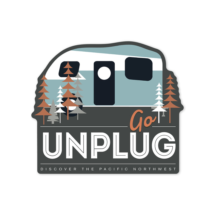 Discover the Pacific Northwest, Go Unplug (Retro Camper), Vector Style, Contour, Vinyl Sticker