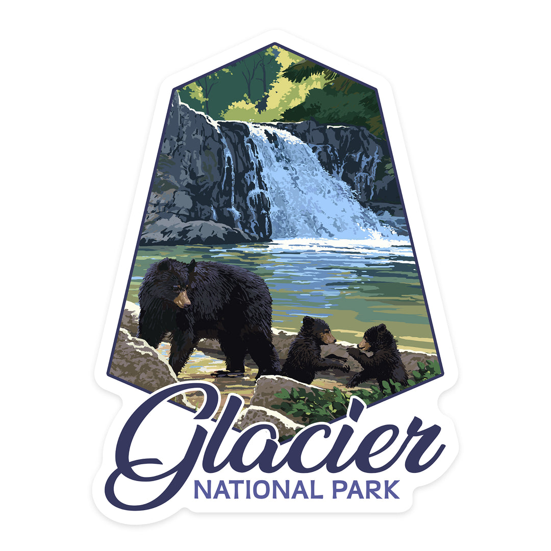 Glacier National Park, Montana, Black Bear Family & Waterfall, Contour, Lantern Press Artwork, Vinyl Sticker