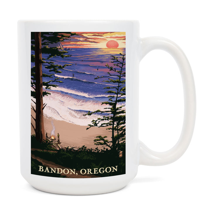 Bandon, Oregon, Sunset & Surfers, Lantern Press Artwork, Ceramic Mug