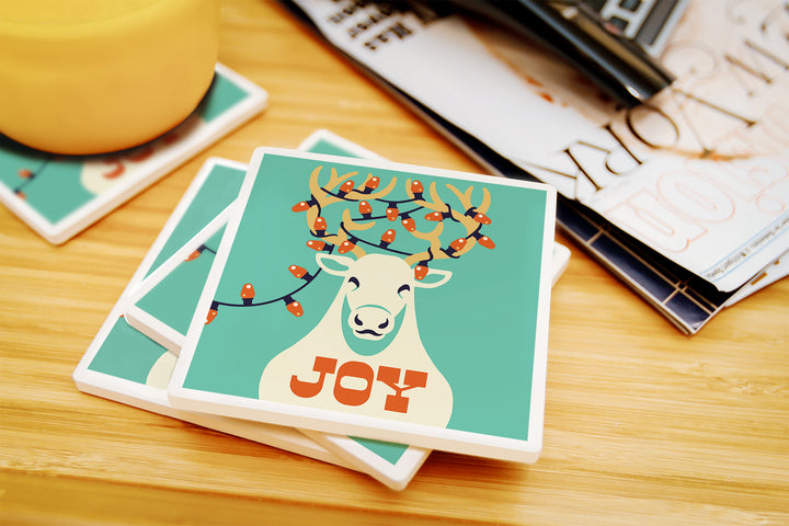 Joy, Reindeer, Retro Christmas, Coaster Set