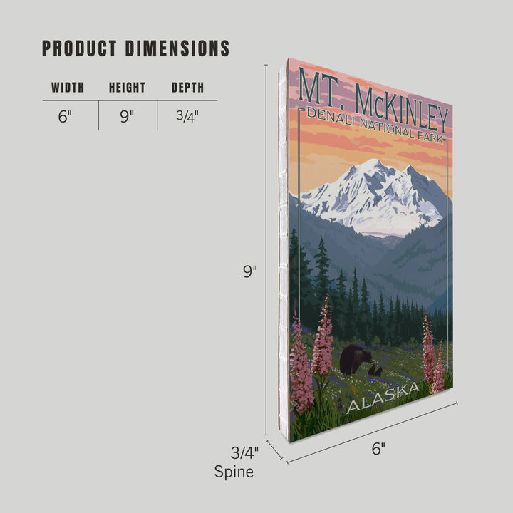Lined 6x9 Journal, Denali National Park, Alaska, Mount McKinley, Bear and Cubs with Flowers, Lay Flat, 193 Pages, FSC paper