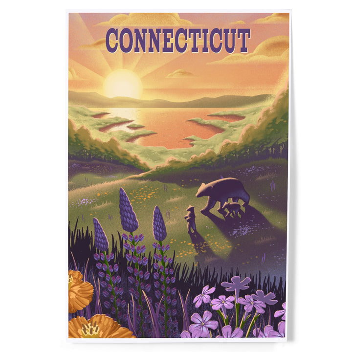 Connecticut, Lithograph, Bear and Spring Flowers, Lake, Art & Giclee Prints