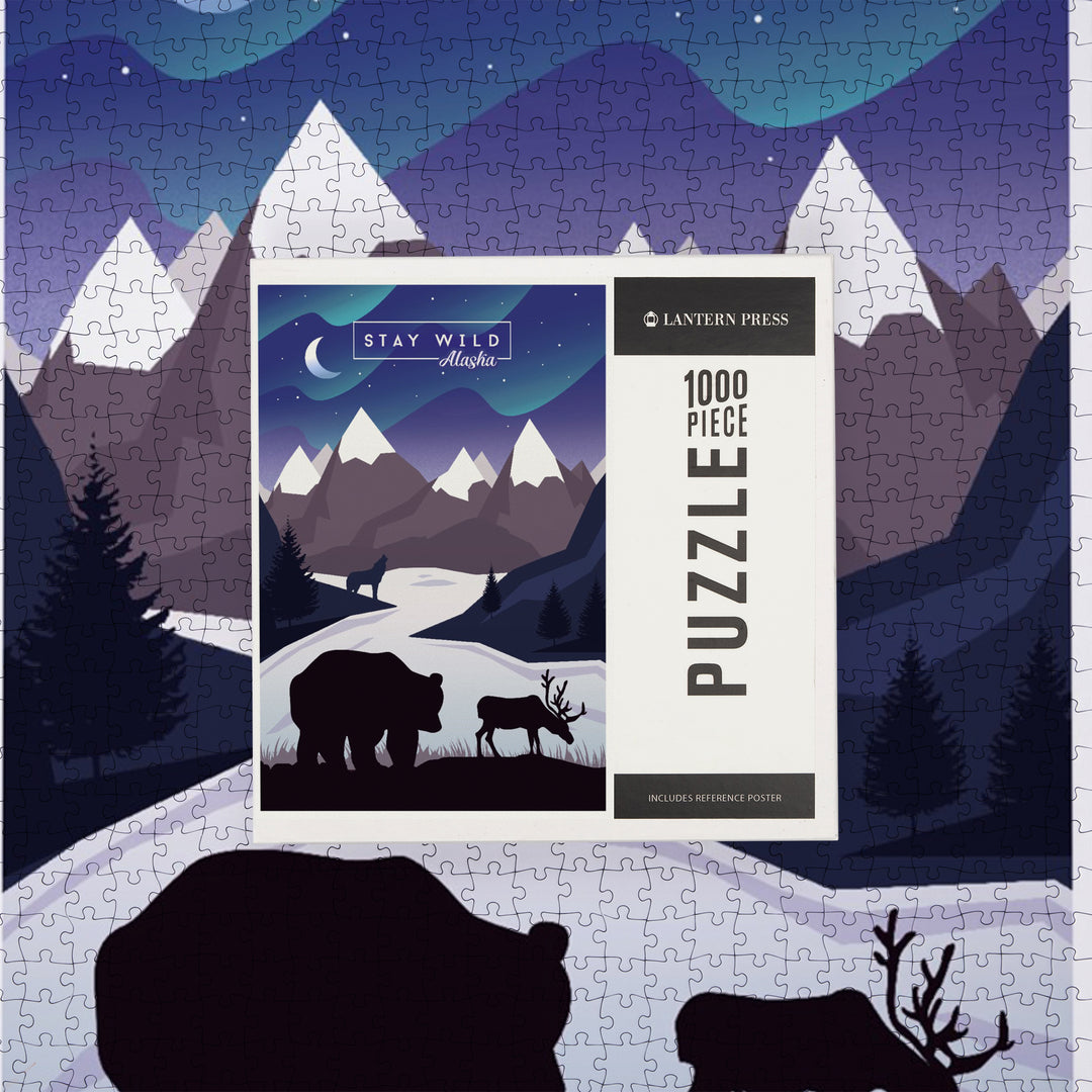 Alaska Northern Lights Night Scene Stay Wild Bear and Mountain Silhouette, Jigsaw Puzzle