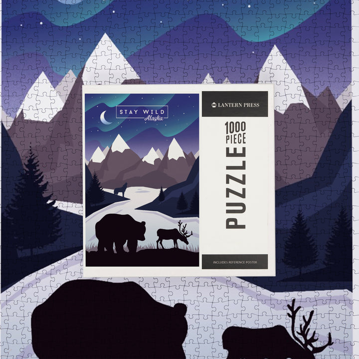 Alaska Northern Lights Night Scene Stay Wild Bear and Mountain Silhouette, Jigsaw Puzzle