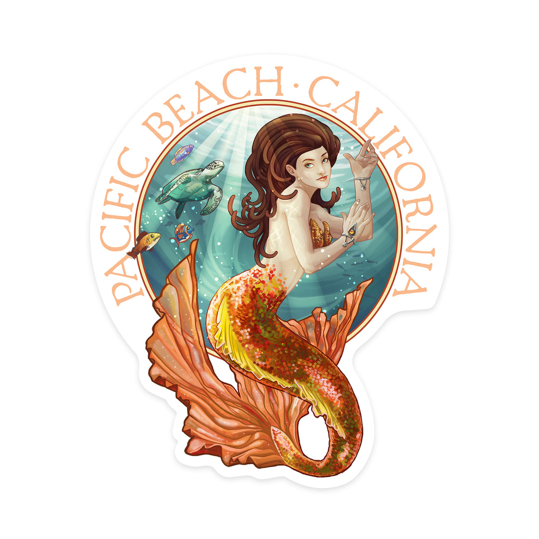 Pacific Beach, California, Mermaid, Contour, Vinyl Sticker