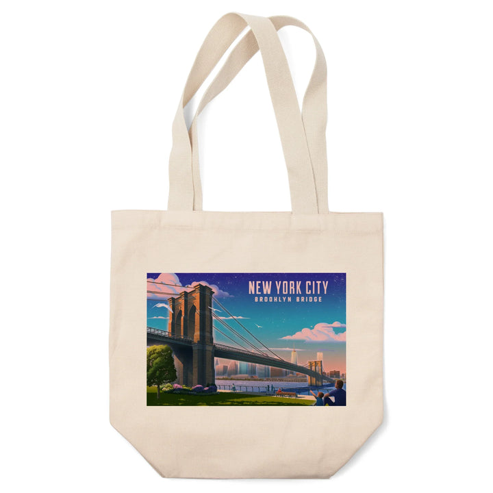New York City, New York, Lithograph, Brooklyn Bridge at Dusk, Tote Bag