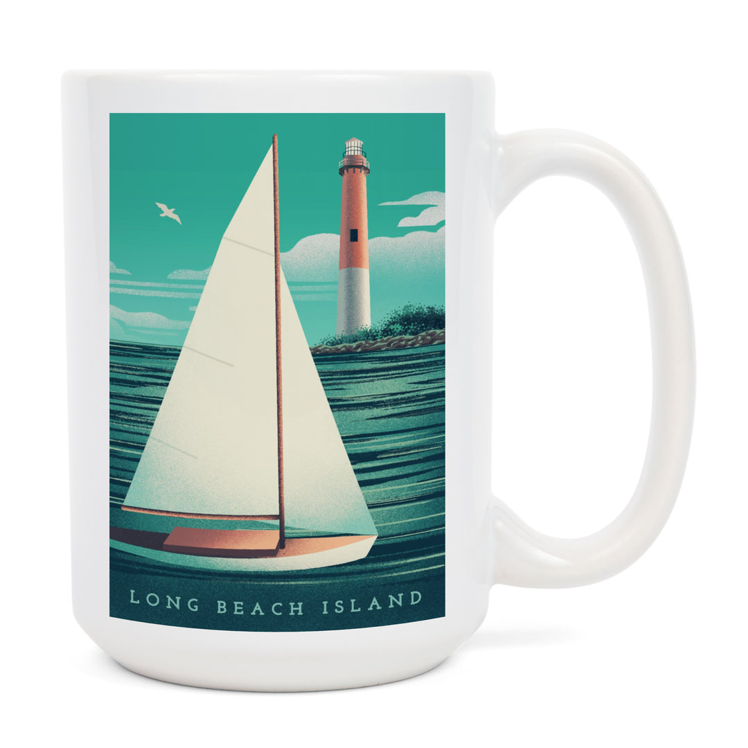 Long Beach Island, New Jersey, Beaming Lighthouse Collection, Lighthouse and Sailboat at Daylight, Ceramic Mug