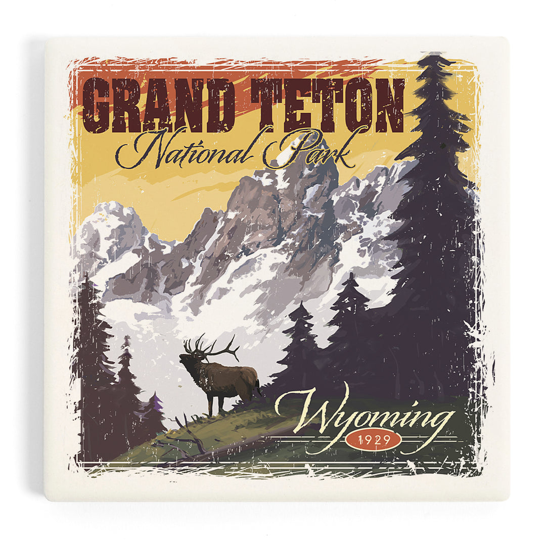 Grand Teton National Park, Wyoming, Mountain View and Elk, Distressed, Coasters