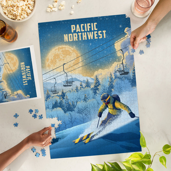 Pacific Northwest, Lithograph, Night Ski, 1000 Piece Jigsaw Puzzle