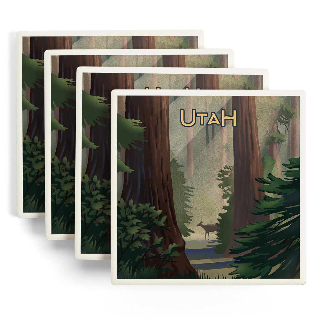 Utah, Lithograph, Deer in Forest, Coasters