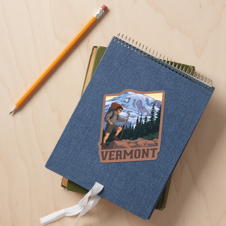 Vermont, Hiker & Mountain Scene, Contour, Lantern Press Artwork, Vinyl Sticker