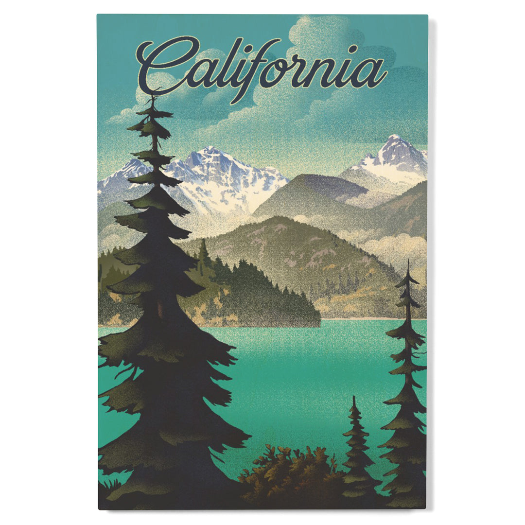 California, Lithograph, Lake and Mountains Scene, Wood Signs and Postcards