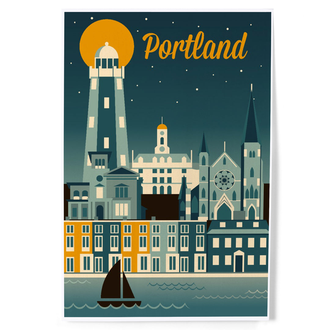 Portland, Maine, Retro Skyline, Art & Giclee Prints